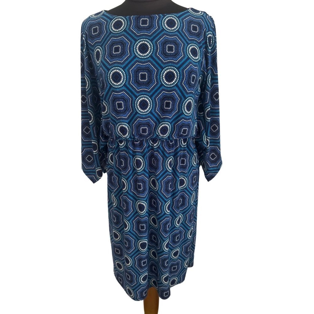 Grayson Blue & Black Geometric Print Dress With Wide Sleeves, Size Medium